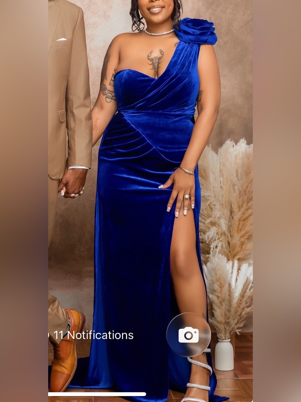 Fashion Nova Cobalt Blue One-Shoulder Velvet Gown with Rosette Strap